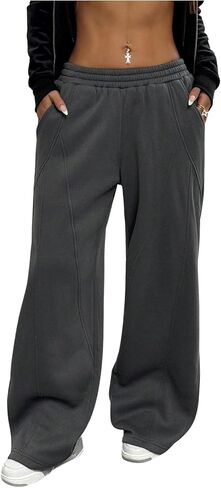 Soly Hux Women's Wide Leg Baggy Pants عرضية خصر مرنة خصر مرنة على السراويل الجارية مع جيوب in Kuwait