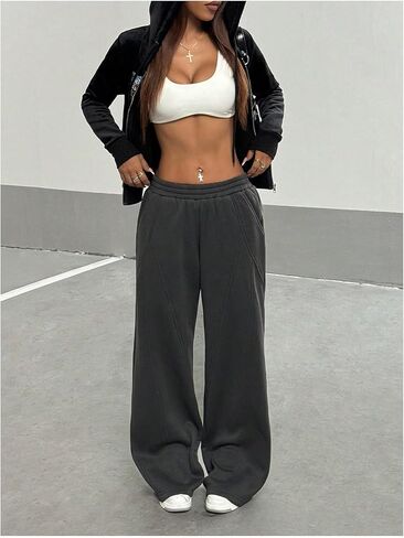 Soly Hux Women's Wide Leg Baggy Pants عرضية خصر مرنة خصر مرنة على السراويل الجارية مع جيوب in Kuwait