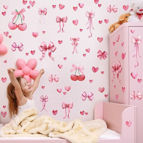 Pink Bow Heart Cherry Wall Stickers for Girls Room - 6 Sheets Watercolor Bow Love Decor Peel and Stick Vinyl Wall Art for Nursery Bedroom Coquette Aesthetic Room Decor CT24Y10959T in Kuwait