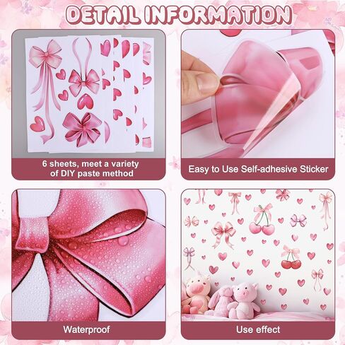 Pink Bow Heart Cherry Wall Stickers for Girls Room - 6 Sheets Watercolor Bow Love Decor Peel and Stick Vinyl Wall Art for Nursery Bedroom Coquette Aesthetic Room Decor CT24Y10959T in Kuwait