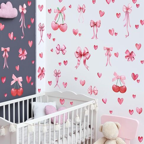 Pink Bow Heart Cherry Wall Stickers for Girls Room - 6 Sheets Watercolor Bow Love Decor Peel and Stick Vinyl Wall Art for Nursery Bedroom Coquette Aesthetic Room Decor CT24Y10959T in Kuwait