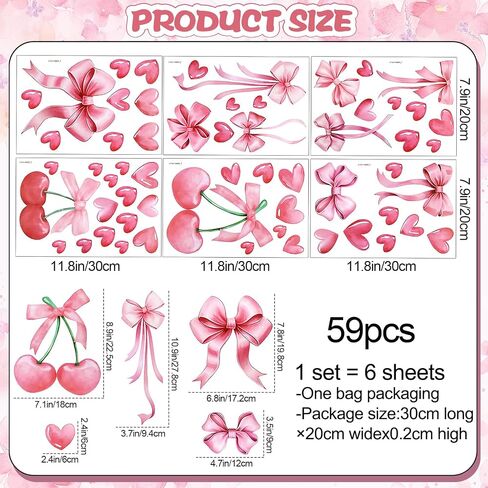 Pink Bow Heart Cherry Wall Stickers for Girls Room - 6 Sheets Watercolor Bow Love Decor Peel and Stick Vinyl Wall Art for Nursery Bedroom Coquette Aesthetic Room Decor CT24Y10959T in Kuwait