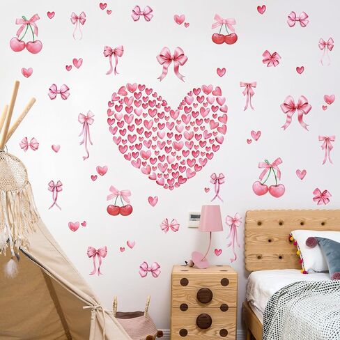 Pink Bow Heart Cherry Wall Stickers for Girls Room - 6 Sheets Watercolor Bow Love Decor Peel and Stick Vinyl Wall Art for Nursery Bedroom Coquette Aesthetic Room Decor CT24Y10959T in Kuwait