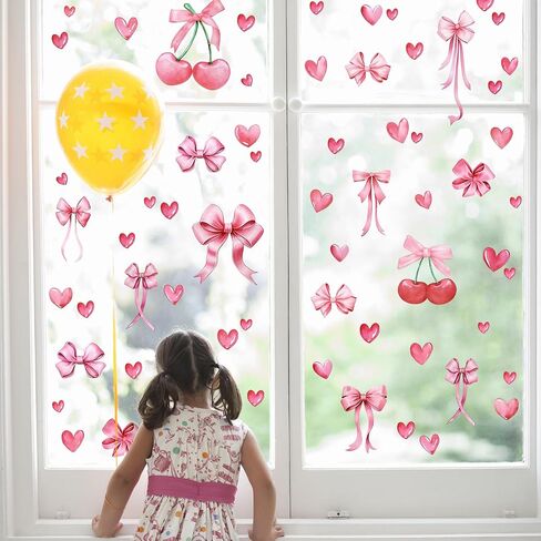 Pink Bow Heart Cherry Wall Stickers for Girls Room - 6 Sheets Watercolor Bow Love Decor Peel and Stick Vinyl Wall Art for Nursery Bedroom Coquette Aesthetic Room Decor CT24Y10959T in Kuwait