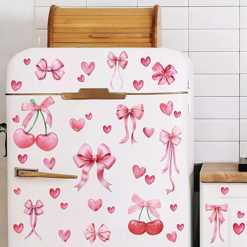 Pink Bow Heart Cherry Wall Stickers for Girls Room - 6 Sheets Watercolor Bow Love Decor Peel and Stick Vinyl Wall Art for Nursery Bedroom Coquette Aesthetic Room Decor CT24Y10959T in Kuwait