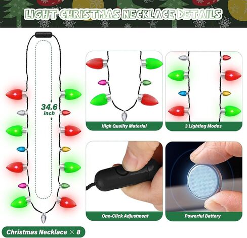 8PCS Christmas Necklace, Light up Christmas Necklace with 8 Glow Bulbs, Glowing Xmas Necklace Women Men, Red Green 3 Modes Christmas Necklaces Decorations for Winter Xmas Theme Party Accessories Bulk in Saudi Arabia