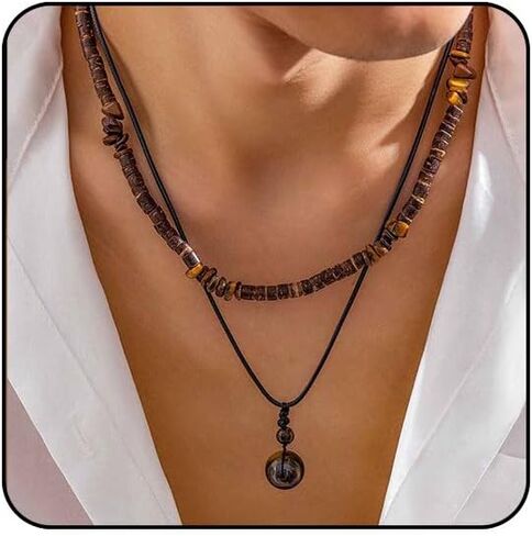 Puka Shell Necklace Men Beaded Beach Necklaces for Men Surfer Necklace Black Brown Wood Beaded Jewelry Coconut Shell Conch Cowrie Seashell Necklaces Hawaiian Summer Beach Jewelry in Kuwait