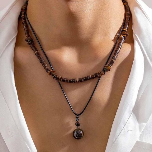 Puka Shell Necklace Men Beaded Beach Necklaces for Men Surfer Necklace Black Brown Wood Beaded Jewelry Coconut Shell Conch Cowrie Seashell Necklaces Hawaiian Summer Beach Jewelry in Kuwait