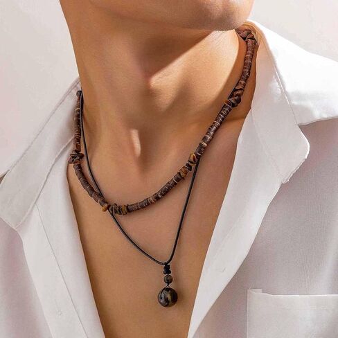 Puka Shell Necklace Men Beaded Beach Necklaces for Men Surfer Necklace Black Brown Wood Beaded Jewelry Coconut Shell Conch Cowrie Seashell Necklaces Hawaiian Summer Beach Jewelry in Kuwait