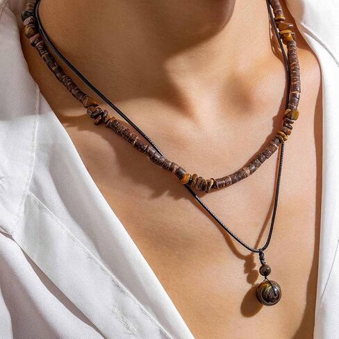 Puka Shell Necklace Men Beaded Beach Necklaces for Men Surfer Necklace Black Brown Wood Beaded Jewelry Coconut Shell Conch Cowrie Seashell Necklaces Hawaiian Summer Beach Jewelry in Kuwait
