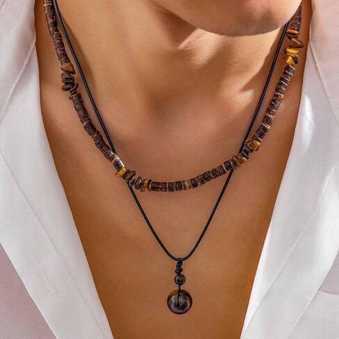 Puka Shell Necklace Men Beaded Beach Necklaces for Men Surfer Necklace Black Brown Wood Beaded Jewelry Coconut Shell Conch Cowrie Seashell Necklaces Hawaiian Summer Beach Jewelry in Kuwait