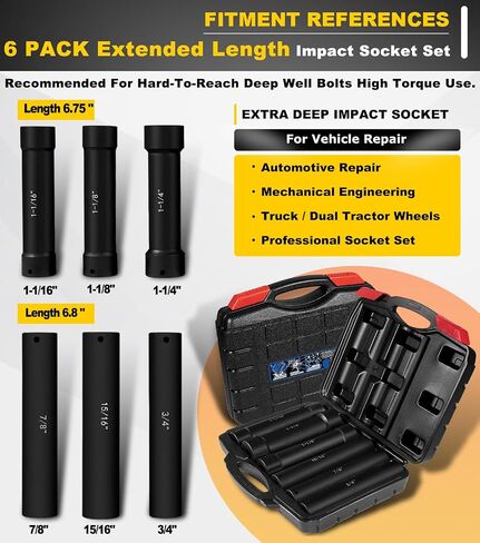 1/2 Inch Drive Extended Length Impact Socket Set - 6 Piece Extra Deep Impact Socket Set - Hex Size 3/4", 7/8", 15/16", 1-1/16", 1-1/8", 1-1/4" Heavy Duty With Storage Case For High Torque Use in Saudi Arabia