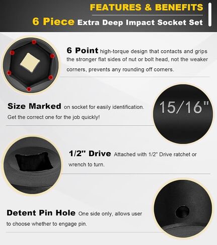 1/2 Inch Drive Extended Length Impact Socket Set - 6 Piece Extra Deep Impact Socket Set - Hex Size 3/4", 7/8", 15/16", 1-1/16", 1-1/8", 1-1/4" Heavy Duty With Storage Case For High Torque Use in Saudi Arabia
