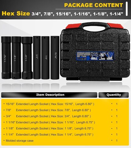 1/2 Inch Drive Extended Length Impact Socket Set - 6 Piece Extra Deep Impact Socket Set - Hex Size 3/4", 7/8", 15/16", 1-1/16", 1-1/8", 1-1/4" Heavy Duty With Storage Case For High Torque Use in Saudi Arabia