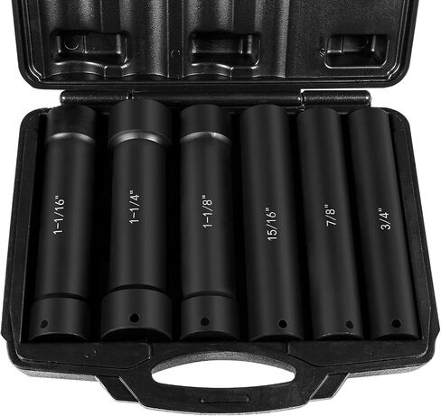 1/2 Inch Drive Extended Length Impact Socket Set - 6 Piece Extra Deep Impact Socket Set - Hex Size 3/4", 7/8", 15/16", 1-1/16", 1-1/8", 1-1/4" Heavy Duty With Storage Case For High Torque Use in Saudi Arabia