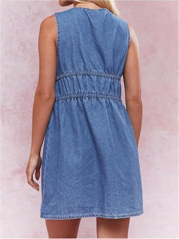 Milumia Women's Bow Tie Plunge V Neck Sleeveless Straight Denim Short Dresses in Saudi Arabia