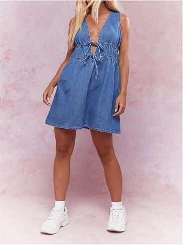 Milumia Women's Bow Tie Plunge V Neck Sleeveless Straight Denim Short Dresses in Saudi Arabia