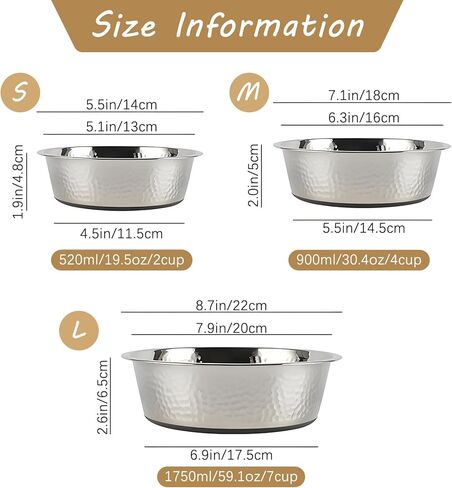 kathson 3pcs Premium Stainless Steel Dog Bowls, Hammered Thickened Metal Dog Bowl Feeding or Water Bowls for Small/Meidum/Large Sized Dogs&Cats Stackable Metal Cat Bowl Dishwasher Safe 8.7 Dia. in Kuwait