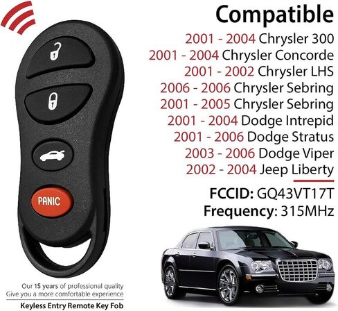 Replacement for 2003 2004 2005 2006 Chrysler 300 Concorde Dodge Intrepid Viper Jeep Liberty Key Fob Remote Control GQ43VT17T 4 Buttons 315MHz in Saudi Arabia