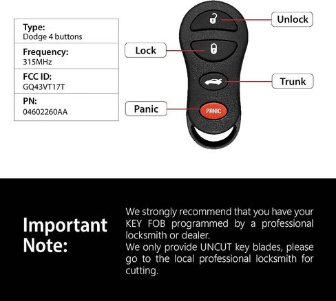 Replacement for 2003 2004 2005 2006 Chrysler 300 Concorde Dodge Intrepid Viper Jeep Liberty Key Fob Remote Control GQ43VT17T 4 Buttons 315MHz in Saudi Arabia