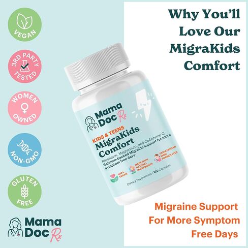Migrakids Comfort | الريبوفلافين ، المغنيسيوم والإنزيم Q10 | دعم الصداع النصفي المدعوم من علوم الأطفال | الأطفال والمراهقين ، الذين تتراوح أعمارهم بين 6 سنوات | 120 كبسولات in Saudi Arabia