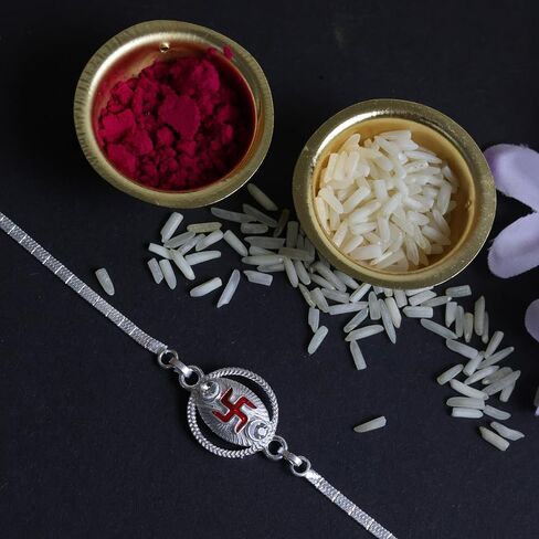 Crafty Creations presents Designer Metal Bracelet Rakhi for Brother on Raksha Bandhan gifting(silver color Swastik metal Bracelet) in Saudi Arabia