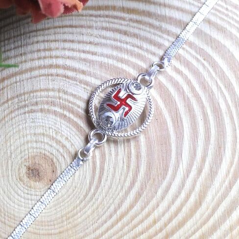 Crafty Creations presents Designer Metal Bracelet Rakhi for Brother on Raksha Bandhan gifting(silver color Swastik metal Bracelet) in Saudi Arabia