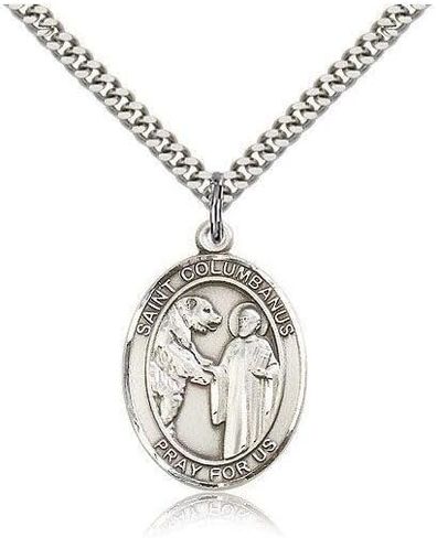 Sterling Silver Saint Columbanus Pendant Medal 1" NI-11485 Christian Amulet Medal Pendant Religious Protector Jewelry For Men Women Catholic Charm Dangle in Saudi Arabia