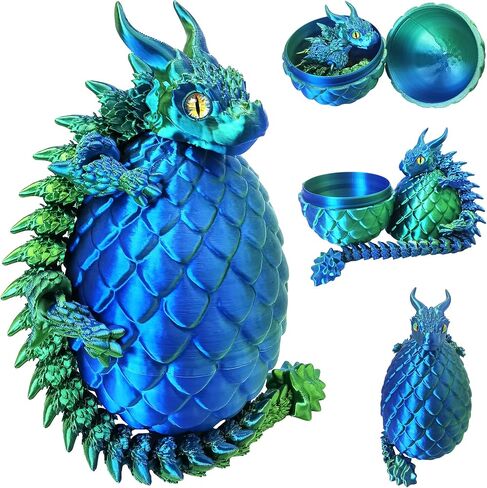 3D Printed Dragon Eggs with Dragon Inside, Large Articulated Dragon Toys with Eyes, Animal Fidget Toy Easter Surprise Eggs Home Decor Executive Desk Toy, Easter Gift for Kids (Red+Blue+Green) in Kuwait