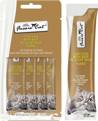Fussie Cat Super Premium Chicken with Duck in Goat Milk Puree, lickable cat Treats, 0.5oz Pouch Pack of 4 in Kuwait