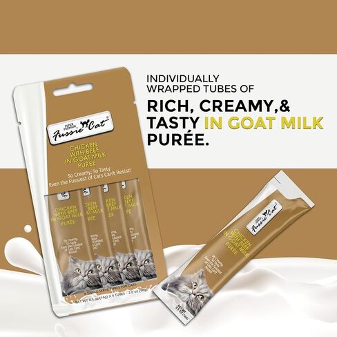 Fussie Cat Super Premium Chicken with Duck in Goat Milk Puree, lickable cat Treats, 0.5oz Pouch Pack of 4 in Kuwait