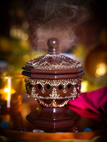Am Lux Octagon Beagens Burner - Bakhoor Cone Holders | الراتينج الراتنج الفحم | mabkhara | للمكتب وديكور الغرفة الروحية الهدايا الإسلامية (بني) in Kuwait
