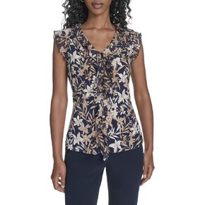 Tommy Hilfiger Women's Sleeveless Mix Media Ruffle Front Blouse in Saudi Arabia