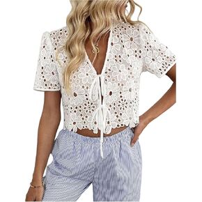 Gorglitter Women's Floral Tie Front Pront Short Sleeve Tops Tops Dary Dasy Boho v Neck Eyelet Western Summer Crops Tops in Kuwait