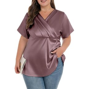 الساتان الحريري للنساء الحريري الالتفاف في الرقبة بالإضافة إلى حجم السترات قميص قميص قميص قصير الأكمام in Kuwait