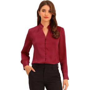Allegra K Women's Satin Blouse Button Up V Neck Ruffled Collar Long Sleeve Formal Shirts in Kuwait