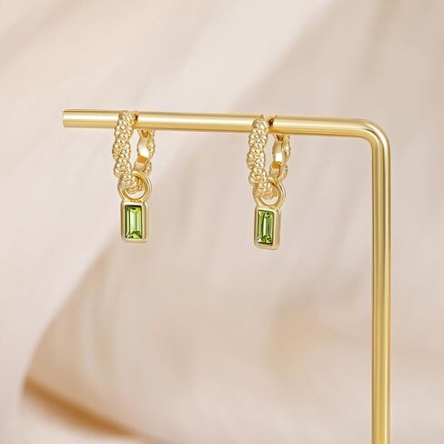 Gold Hoops Earrings for Women Dainty Twist Small Emerald Cut Crystal Charm Drop Dangle Hypoallergenic Earring in Kuwait