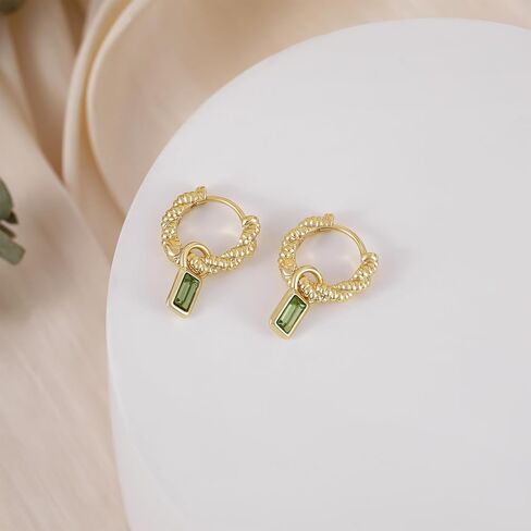 Gold Hoops Earrings for Women Dainty Twist Small Emerald Cut Crystal Charm Drop Dangle Hypoallergenic Earring in Kuwait