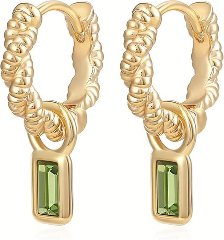 Gold Hoops Earrings for Women Dainty Twist Small Emerald Cut Crystal Charm Drop Dangle Hypoallergenic Earring in Kuwait