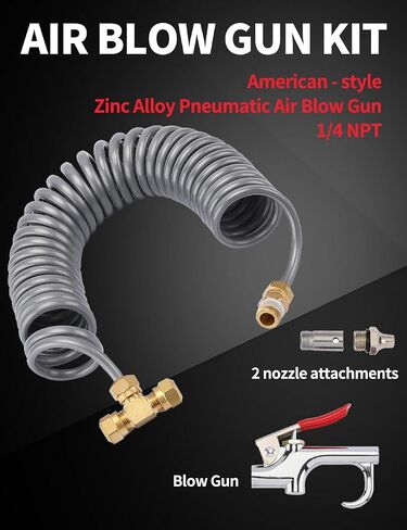 Heavy Duty Truck Air Seat Blow Gun Kit，1/4 Inch NPT X 11.5 Feet Nylon Coil Air Hose，Lever Air Blow Gun with 2 Nozzle in Kuwait