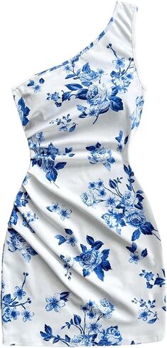 Floerns Women's One Shoulder Boho Floral Print Sleeveless Ruched Side Bodycon Mini Short Dress in Saudi Arabia