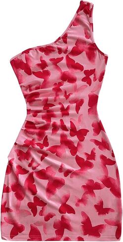 Floerns Women's One Shoulder Boho Floral Print Sleeveless Ruched Side Bodycon Mini Short Dress in Kuwait