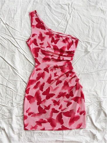 Floerns Women's One Shoulder Boho Floral Print Sleeveless Ruched Side Bodycon Mini Short Dress in Kuwait