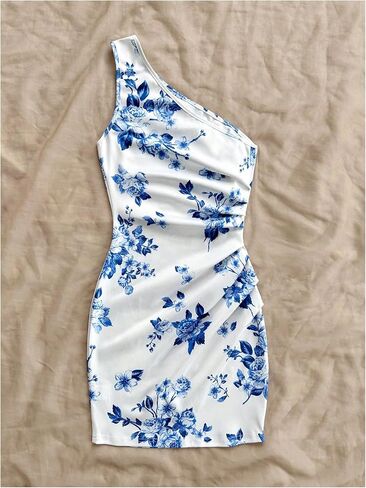 Floerns Women's One Shoulder Boho Floral Print Sleeveless Ruched Side Bodycon Mini Short Dress in Saudi Arabia