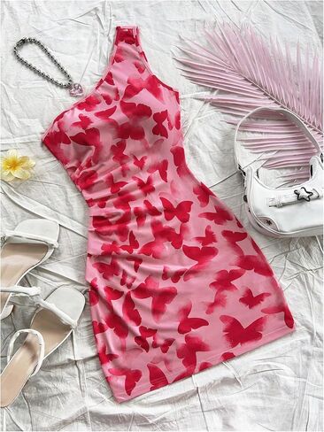 Floerns Women's One Shoulder Boho Floral Print Sleeveless Ruched Side Bodycon Mini Short Dress in Kuwait