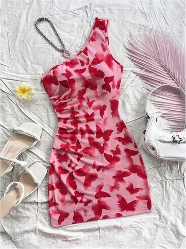 Floerns Women's One Shoulder Boho Floral Print Sleeveless Ruched Side Bodycon Mini Short Dress in Kuwait