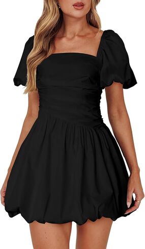 HYPERFIRE Women's Square Neck Short Puff Sleeve Bubble Dress Smocked Ruched Dresses Casual Wear in Saudi Arabia
