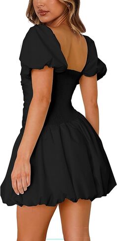 HYPERFIRE Women's Square Neck Short Puff Sleeve Bubble Dress Smocked Ruched Dresses Casual Wear in Saudi Arabia