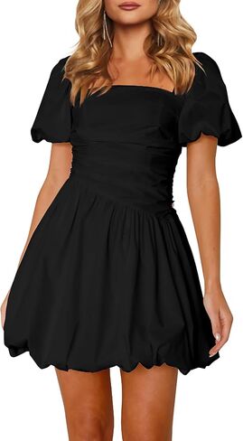 HYPERFIRE Women's Square Neck Short Puff Sleeve Bubble Dress Smocked Ruched Dresses Casual Wear in Saudi Arabia