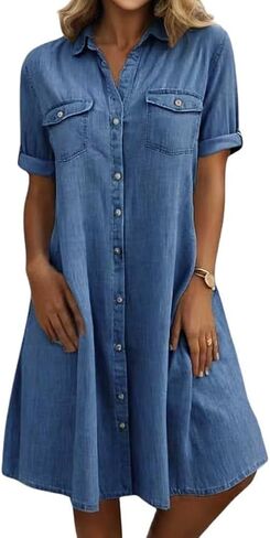 Yoeasy Women's Summer Summer Short Denive Denim Dress Dress Dress Dression Button Down Fit Midi Long Jean Dress in Saudi Arabia